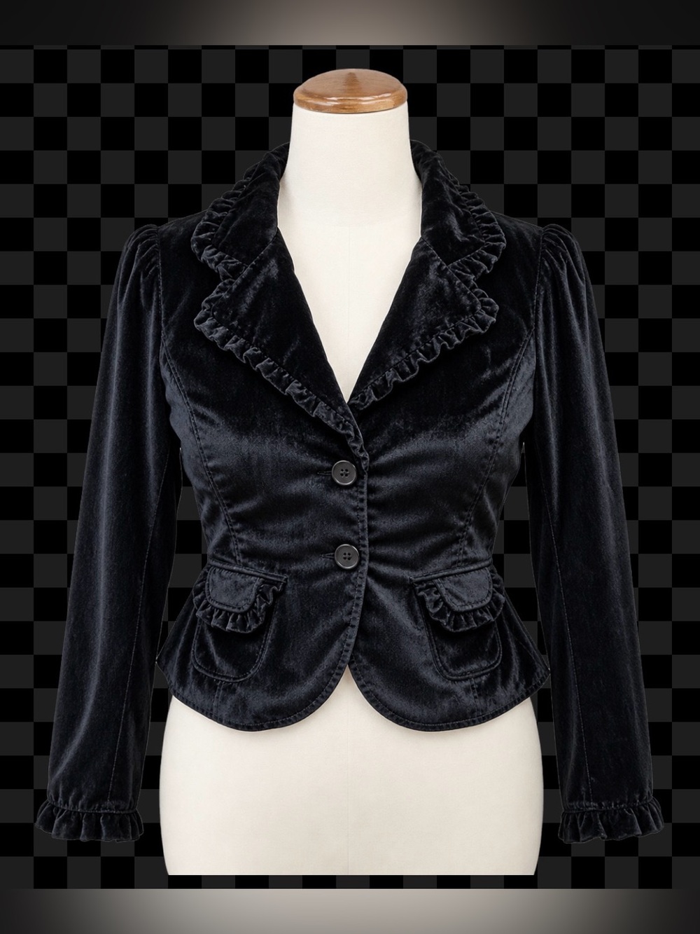 Studio West- Black Velvet - ruffled trim, Edwardian style Jacket - XL